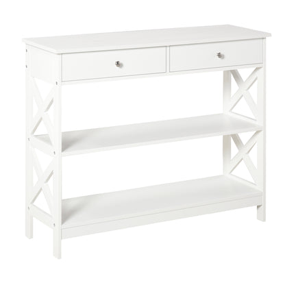 Table de console table d'entrée style table de drapier néo-rétro 2 tiroirs 2 étagères dim. 100L x 30,5l x 80H cm en bois blanc
