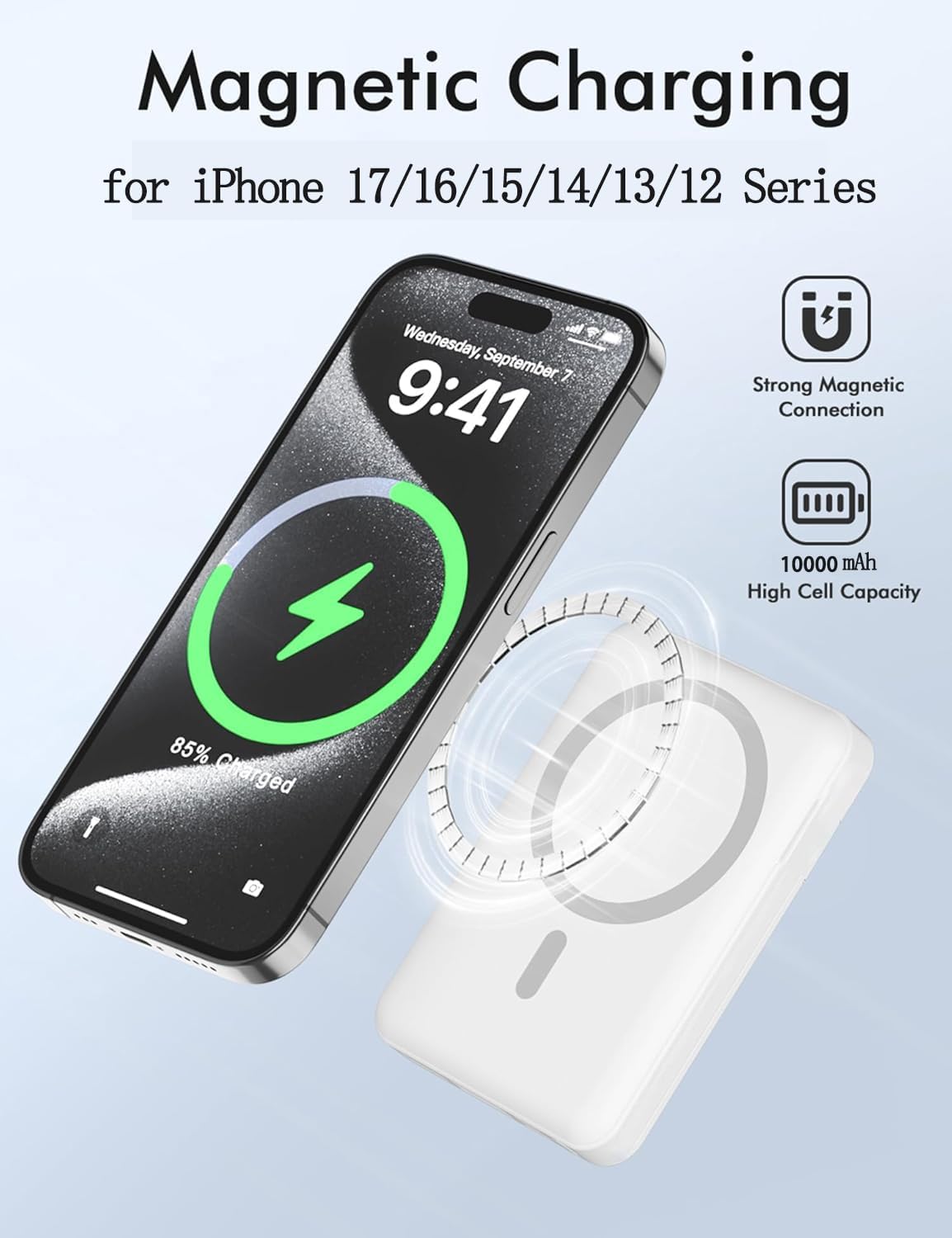 Batterie Externe 10000Mah, Magnétique Sans Fil Power Bank Induction, 20W Charge Rapide USB C Input & Output, Chargeur Portable Powerbank Compatible Avec Iphone 17 16 15 14 13 12 Séries Samsung Ipad
