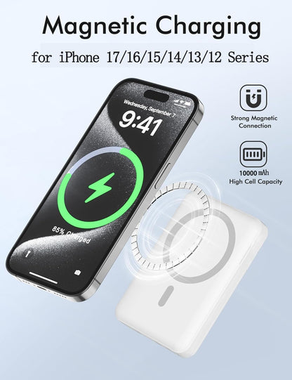 Batterie Externe 10000Mah, Magnétique Sans Fil Power Bank Induction, 20W Charge Rapide USB C Input & Output, Chargeur Portable Powerbank Compatible Avec Iphone 17 16 15 14 13 12 Séries Samsung Ipad