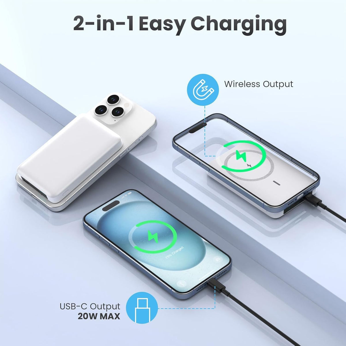 Batterie Externe 10000Mah, Magnétique Sans Fil Power Bank Induction, 20W Charge Rapide USB C Input & Output, Chargeur Portable Powerbank Compatible Avec Iphone 17 16 15 14 13 12 Séries Samsung Ipad
