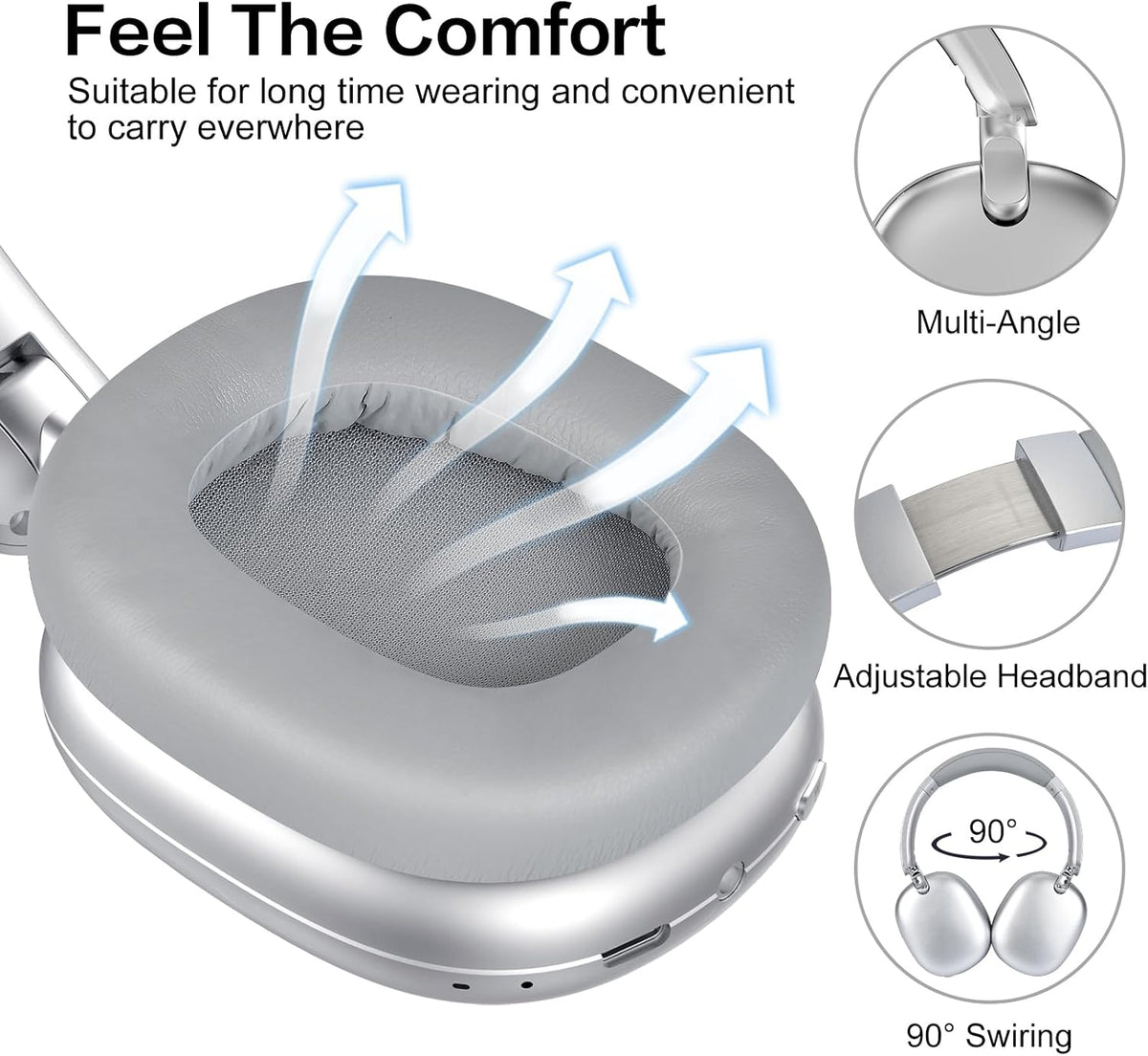 Casque Audio C6 À Réduction Active Du Bruit, Casque Bluetooth Supra-Auriculaire Sans Fil, Design Pliable Léger, Oreillettes Confortables Avec Basses Profondes, Avec Micro Argent