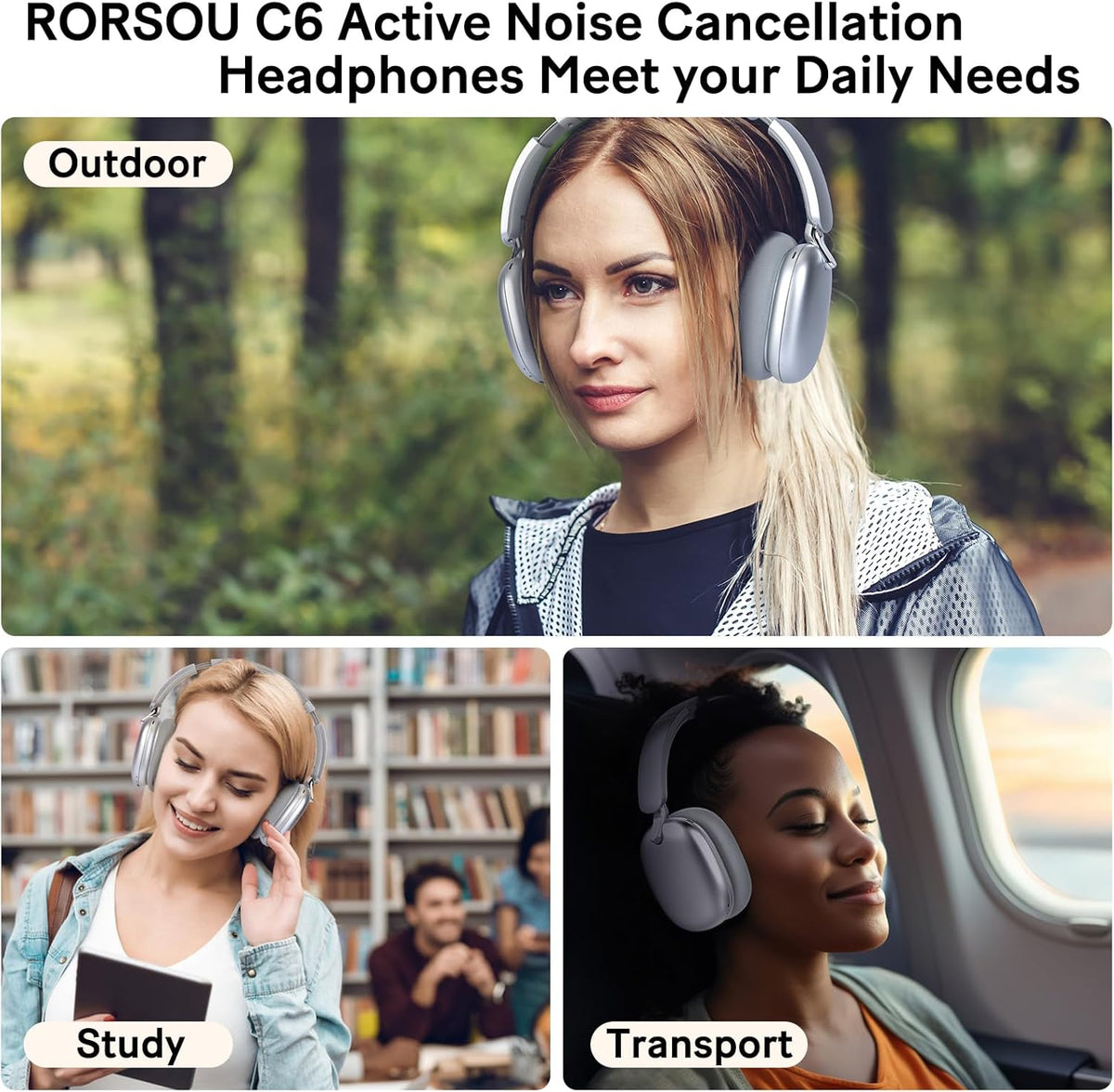 Casque Audio C6 À Réduction Active Du Bruit, Casque Bluetooth Supra-Auriculaire Sans Fil, Design Pliable Léger, Oreillettes Confortables Avec Basses Profondes, Avec Micro Argent