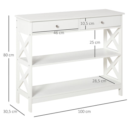 Table de console table d'entrée style table de drapier néo-rétro 2 tiroirs 2 étagères dim. 100L x 30,5l x 80H cm en bois blanc