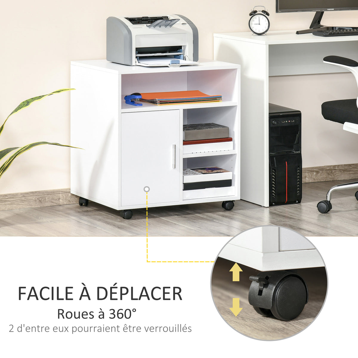 Support d'imprimante organiseur bureau caisson placard porte 3 niches + grand plateau panneaux particules blanc