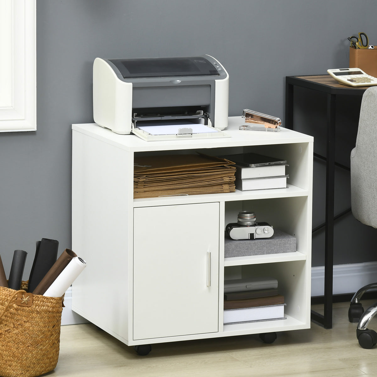 Support d'imprimante organiseur bureau caisson placard porte 3 niches + grand plateau panneaux particules blanc