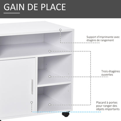 Support d'imprimante organiseur bureau caisson placard porte 3 niches + grand plateau panneaux particules blanc